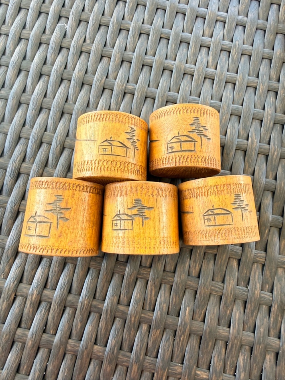 Source Unknown Set of Five Carved Wood Napkin Rings in Warm Honey Brown